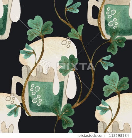 Seamless pattern with symbols of Ireland. Wrapping paper for St. Patrick's Day. Watercolor in vintage style on a black background. 112598384