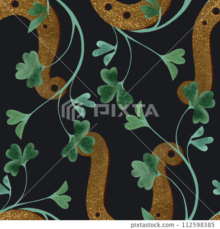 Seamless pattern with symbols of Ireland. Wrapping paper for St. Patrick's Day. Watercolor in vintage style on a black background. 112598385
