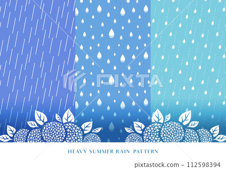 雨圖案背景和繡球花剪影（雨季無縫圖案） 112598394