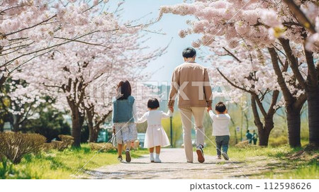 Rear view of a family walking along a row of cherry blossom trees 2 112598626