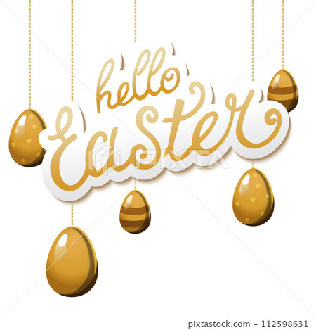 Spring gold hanging eggs with the text Hello Easter and with leaves. Vector clipart for design Spring gold hanging eggs with the text Hello Easter and with leaves. Vector clipart for design 112598631