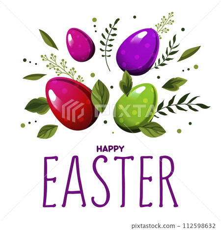 Spring red and violet eggs with the text Happy Easter and with leaves. Vector clipart for design Spring red and violet eggs with the text Happy Easter and with leaves. Vector clipart for design 112598632