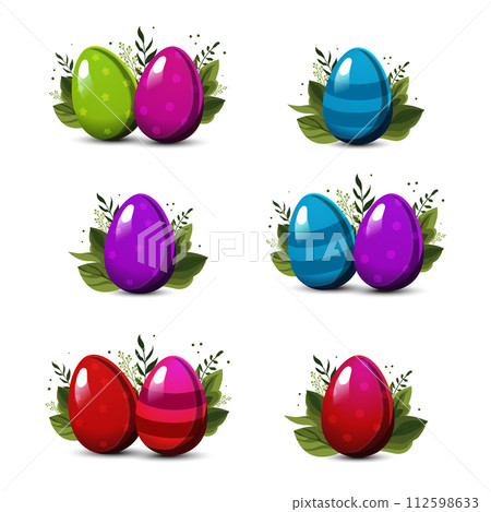 Set of colorful Easter striped eggs with polka dots with green leaves. Vector for design Set of colorful Easter striped eggs with polka dots with green leaves. Vector for design 112598633