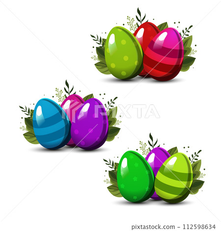 Set of colorful Easter striped eggs with polka dots with green leaves. Vector for design Set of colorful Easter striped eggs with polka dots with green leaves. Vector for design 112598634