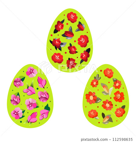 Set of green Easter eggs with a pattern of red , black and pink flowers. Vector clipart for design Set of green Easter eggs with a pattern of red , black and pink flowers. Vector clipart for design 112598635