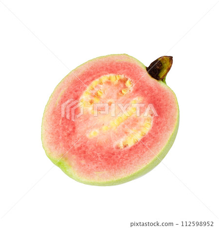 Guava is a tropical fruit with pink juicy flesh and a strong sweet aroma with leaf on a white background 112598952