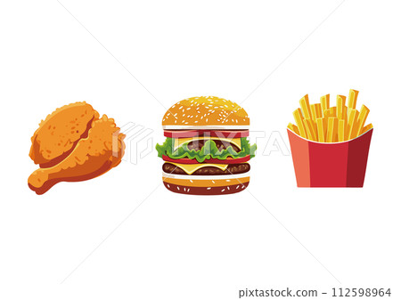 漢堡、炸雞、炸薯條的垃圾食物（速食）插畫素材 112598964