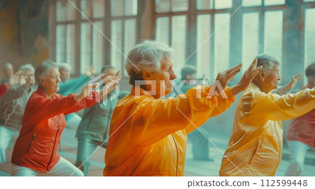 Senior adults practicing tai chi together in a serene setting. peaceful morning exercise routine captured in vibrant colors. the harmony of movement and meditation. AI Senior adults practicing tai chi together in a serene setting. peaceful morning exercise routine captured in vibrant colors. the harmony of movement and meditation. AI 112599448