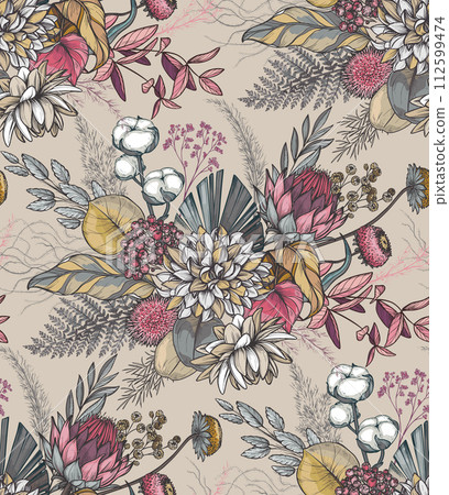 Vector seamless pattern with dried flowers, leaves and branches. Endless floral background 112599474