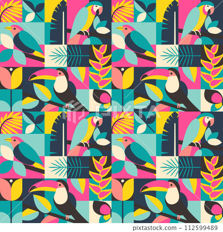 Vector summer seamless pattern assembled from squares with natural elements, birds, flowers and geometric ornaments. Vector endless background in modern style 112599489