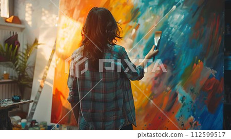 Female artist painting on large canvas in a sunny art studio. a creative environment and artistic exploration. inspired painter working. AI Female artist painting on large canvas in a sunny art studio. a creative environment and artistic exploration. inspired painter working. AI 112599517