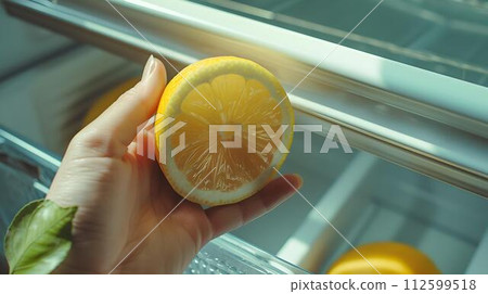 Freshly cut lemon in a hand against a blurred background, highlighting healthy eating and vitamin C. close-up, vibrant and perfect for culinary themes. AI 112599518