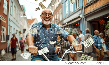 Joyful elderly man on bicycle scattering money, ecstatic senior enjoying wealth, candid street scene captures happiness and prosperity. AI 112599519