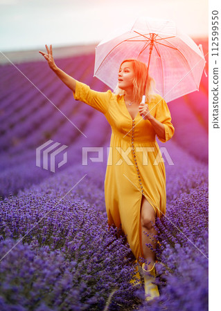 Woman lavender field. A middle-aged woman in a lavender field walks under an umbrella on a rainy day and enjoys aromatherapy. Aromatherapy concept, lavender oil, photo session in lavender 112599550
