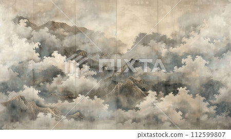 日本繪畫風格背景描繪雲彩 日本繪畫風格背景描繪雲彩 112599807