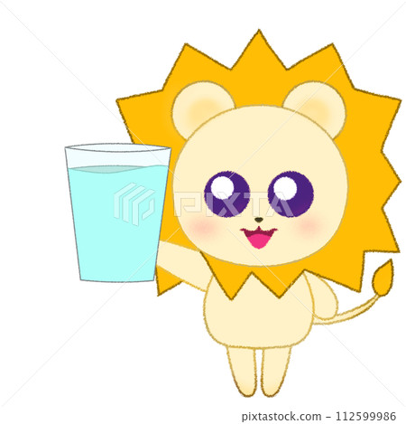 拿著一杯水的獅子的蠟筆插圖 112599986