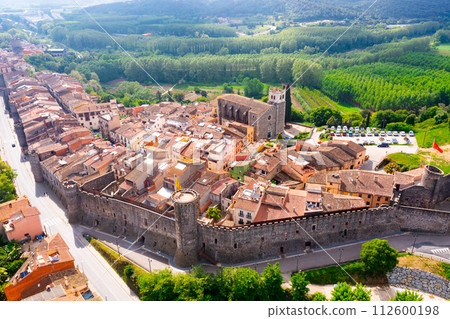 Aerial view of medieval walled village of Hostalric, Spain 112600198