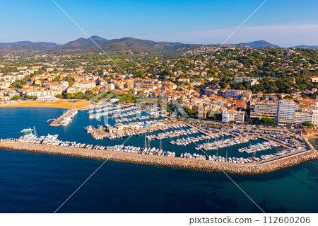 Aerial view of French commune of Sainte-Maxime overlooking marina Aerial view of French commune of Sainte-Maxime overlooking marina 112600206