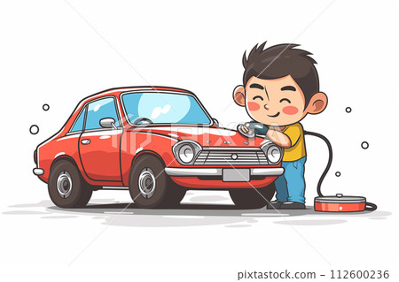 一個人用拋光機拋光汽車 112600236