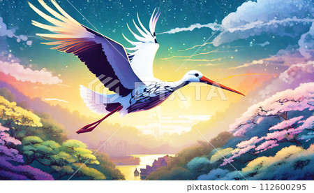 Stork flying in the sky at dusk 112600295