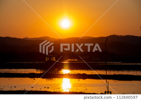 Farm work at dusk in spring - plowing 112600597