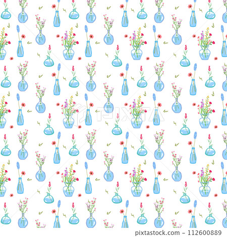 Seamless floral pattern. Endless botanical background. Fresh spring flowers and wildflowers, repeating print. Simple natural texture for textile design, fabric. Colorful graphic vector illustration.. 112600889