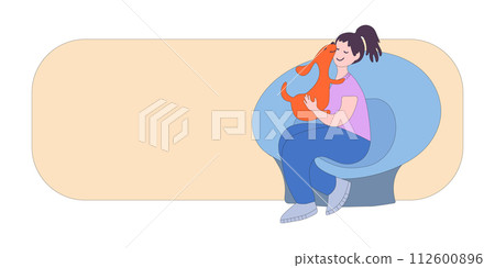 Happy woman with dog isolated on white background. People playing, hugging, cuddling with four-legged animal friends. Sample for banner for pet owner services and shop. Flat vector illustration... 112600896