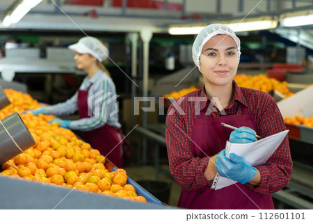 Young female supervisor with papers inspecting mandarins sorting workshop 112601101