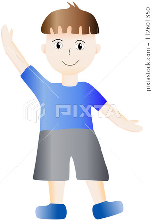 A cartoon boy with a smiling face is raising one hand 112601350