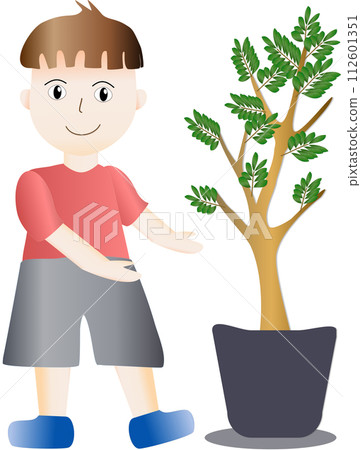 Cartoon boy taking care of trees Cartoon boy taking care of trees 112601351