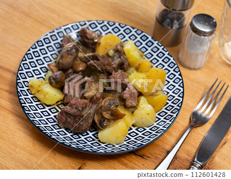 Stew beef and potato stew with wild mushrooms, homemade dinner 112601428