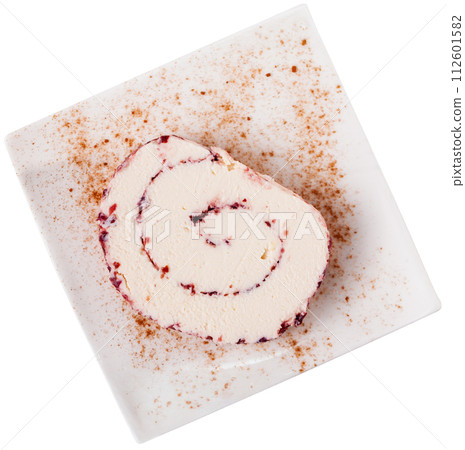 On dessert plate is slice of roll made from soft cream cheese and cranberries. 112601582