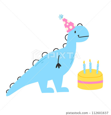 Happy birthday card with dinosaur. Cute illustration with dino and cake. Vector illustration isolated on white background. Happy birthday card with dinosaur. Cute illustration with dino and cake. Vector illustration isolated on white background. 112601637