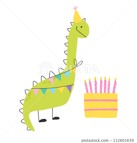 Happy birthday card with dinosaur. Cute illustration with dino and cake. Vector illustration isolated on white background. Happy birthday card with dinosaur. Cute illustration with dino and cake. Vector illustration isolated on white background. 112601639