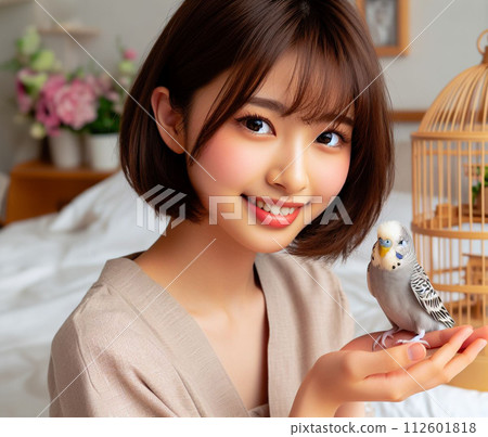 A girl who loves a parakeet 112601818