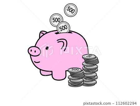 Illustration of a pig diligently saving 500 yen coins in a piggy bank Illustration of a pig diligently saving 500 yen coins in a piggy bank 112602294