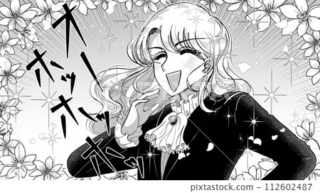 Manga-style illustration of a retro girl wearing a rich man's clothes and laughing loudly Manga-style illustration of a retro girl wearing a rich man's clothes and laughing loudly 112602487
