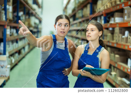 Two female warehouse workers checking the availability of goods on shelves of a hardware store or warehouse 112602800
