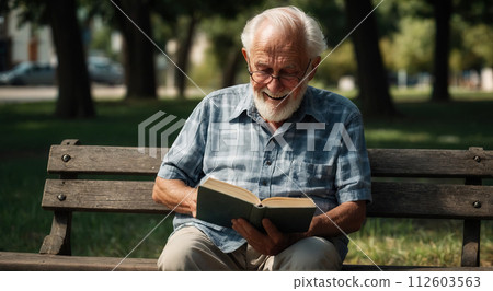 An elderly smiling man is sitting on the bench and reading an interesting book. Generated AI 112603563