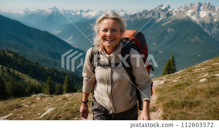 A smiling woman of around 60 is hiking in the mountains with a backpack. Generated Ai 112603572