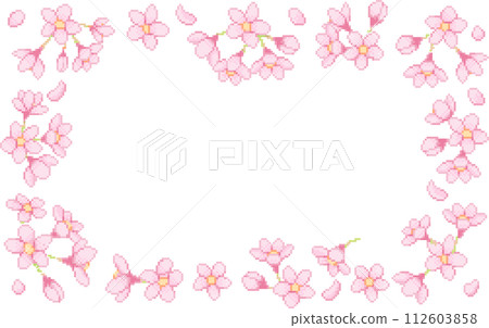 (Pixel art) Nostalgic pixel art frame with dancing cherry blossoms 112603858