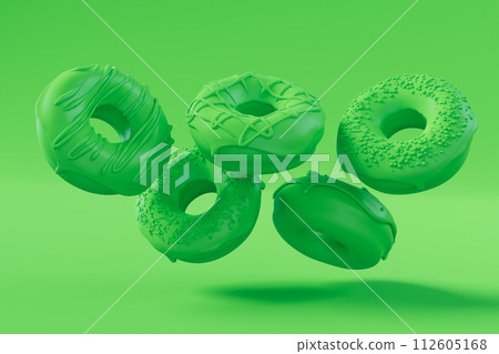 Chocolate glazed donut with sprinkles on plain monochrome green color 112605168