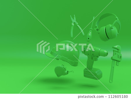 Flying view of monochrome construction tools for repair on multicolor background 112605180