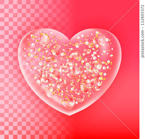Red realistic glass heart. Plastic transparent heart shape bubble. 3d vector Red realistic glass heart. Plastic transparent heart shape bubble. 3d vector 112605372