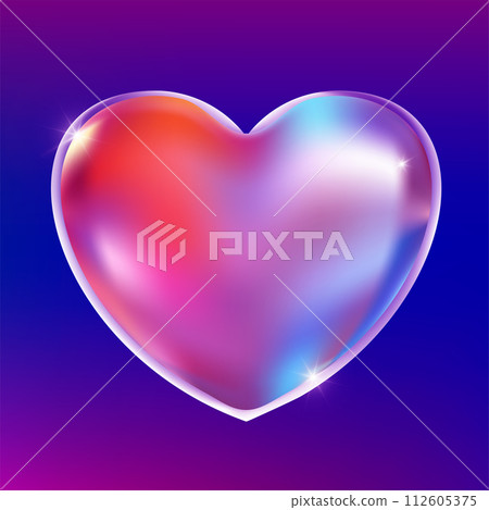 Transparent glass holographic heart. Realistic plastic gradient shape 112605375