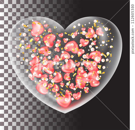 Red realistic glass heart. Plastic transparent heart shape bubble. 3d vector 112605380