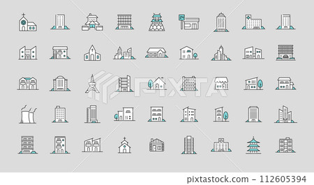 Line icon set of various buildings 112605394
