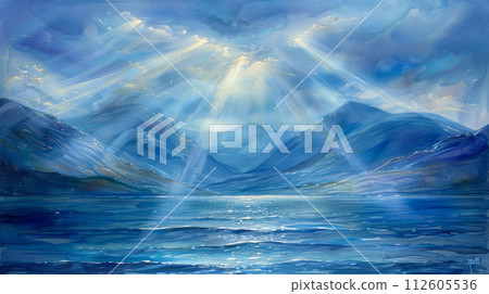 Majestic Mountain Rays Reflecting on Crystal Waters. Pastel background 112605536