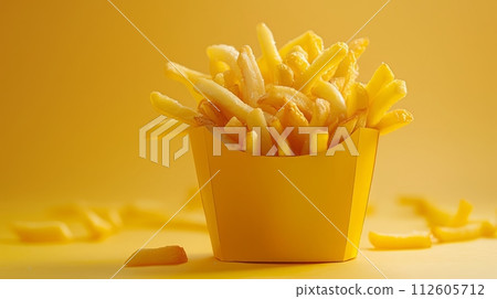 Close up of French fries or potato chips for advertisement of commercial on yellow background. Close up of French fries or potato chips for advertisement of commercial on yellow background. 112605712