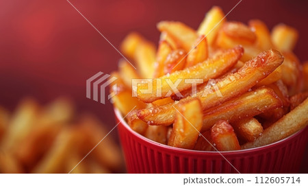 Close up of French fries or potato chips on red background. 112605714